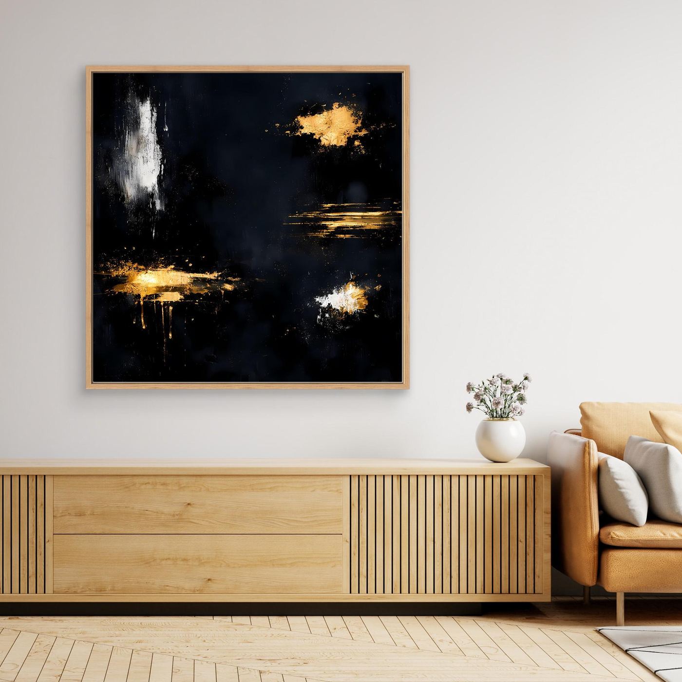 Leinwand Goldene Lichtakzente auf Schwarz | Modernes Abstraktes Minimalismus Wandbild