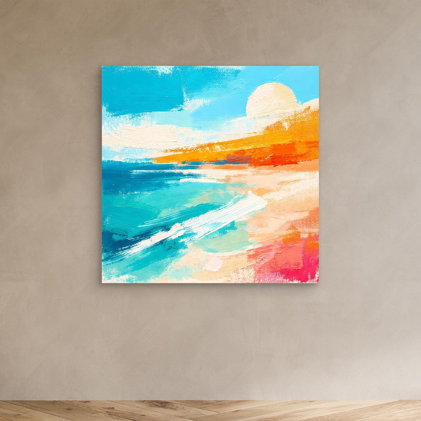 Abstract coastal canvas wall art with blue ocean, sandy beach, and orange sunset.