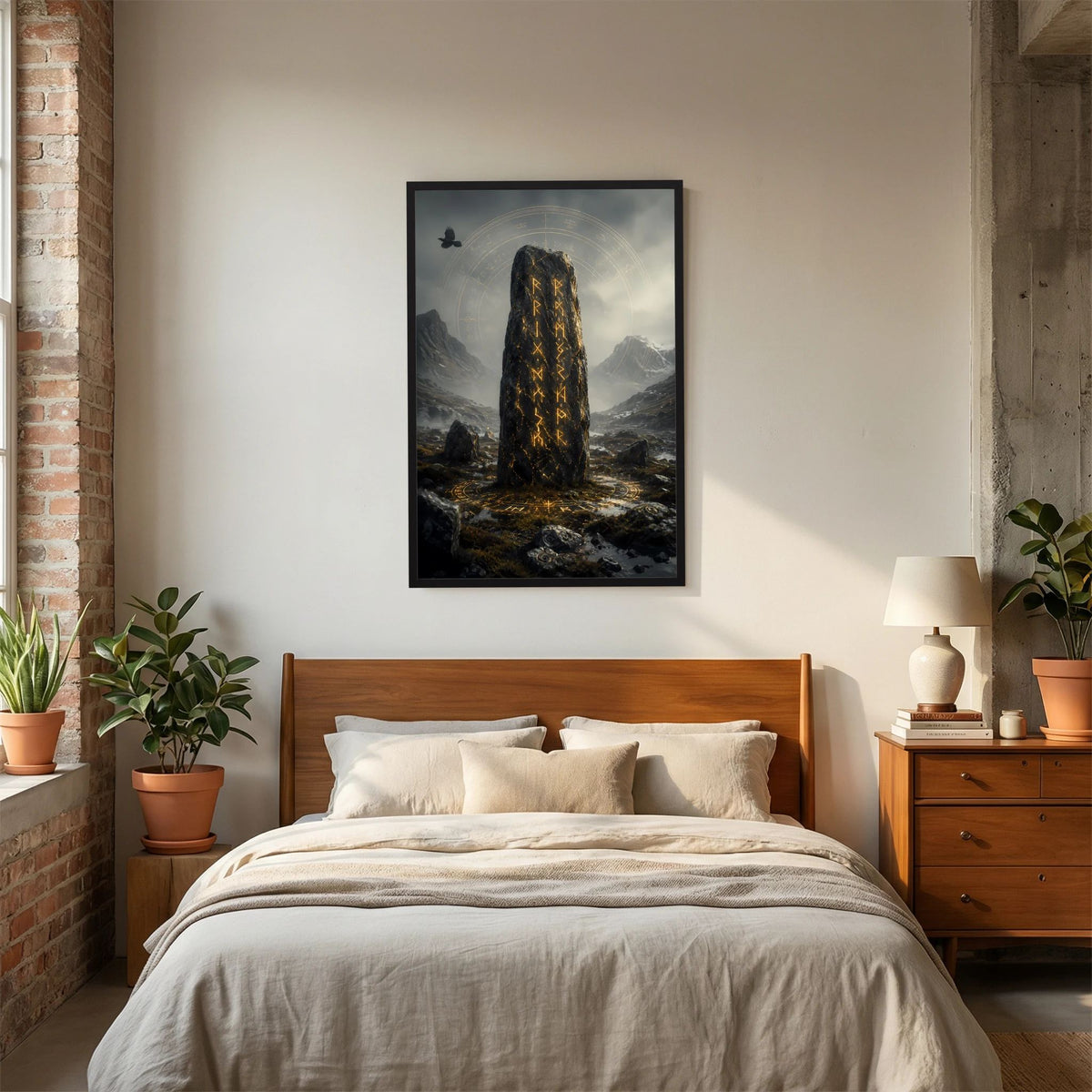 Hochformat-Poster im schwarzen Rahmen mit leuchtenden goldenen Runensymbolen am Runenstein.