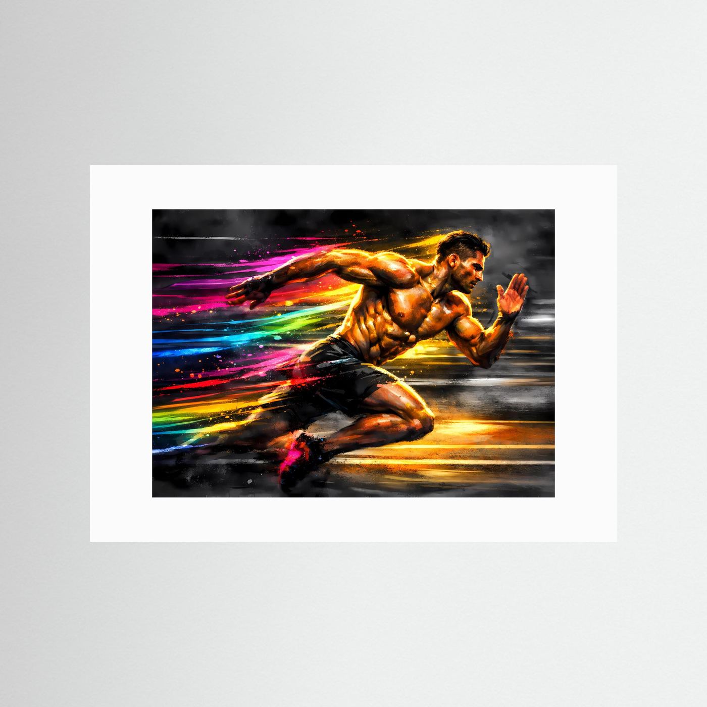 Sport-Poster mit Sprinter-Paar im Neon-Splash-Stil, weißes Passepartout