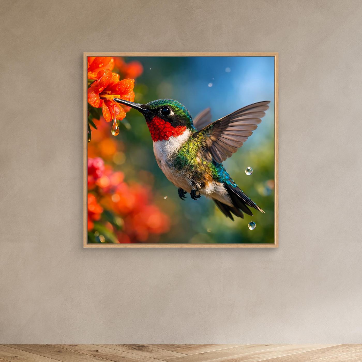 Leinwand Kolibri im Blütenrausch | Farbenfrohes Vogel Natur Wandbild