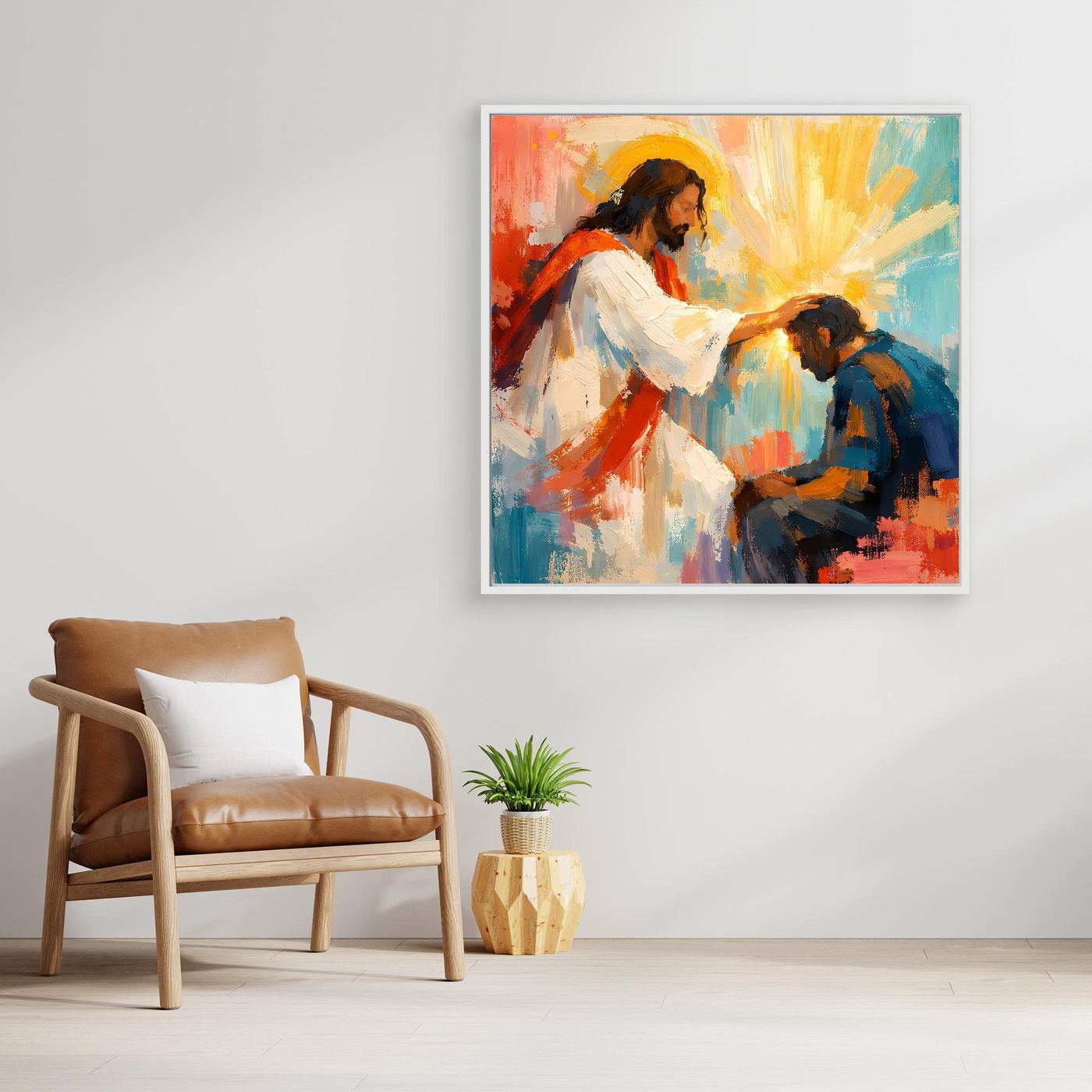 Christian canvas wall art of Jesus blessing a praying man with white frame
