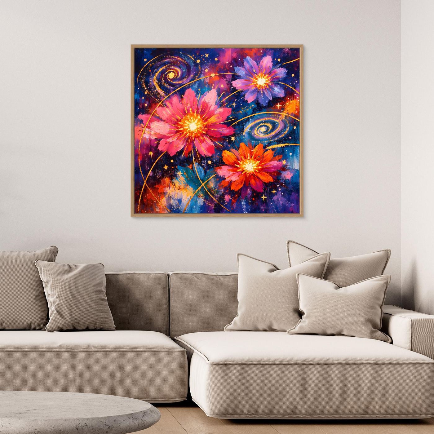 Leinwand-Wandbild mit kosmischen Blüten, Sternen und Spiralnebeln im braunen Holzrahmen.