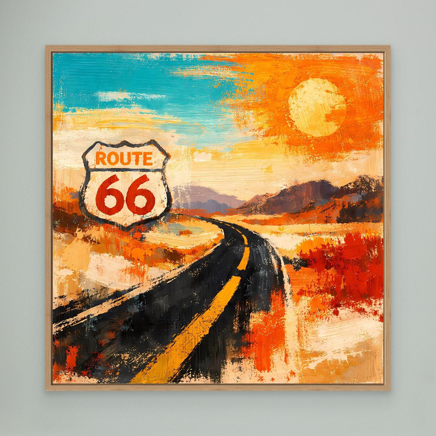 Wandbild mit abstrakter Route-66-Straße im Eichenrahmen: Schild „Route 66“, Sonne, Straße