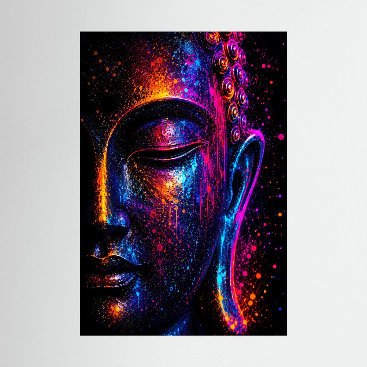Kunstposter mit abstraktem Buddha-Gesicht in Neonfarben, großflächig, schwarz gerahmt