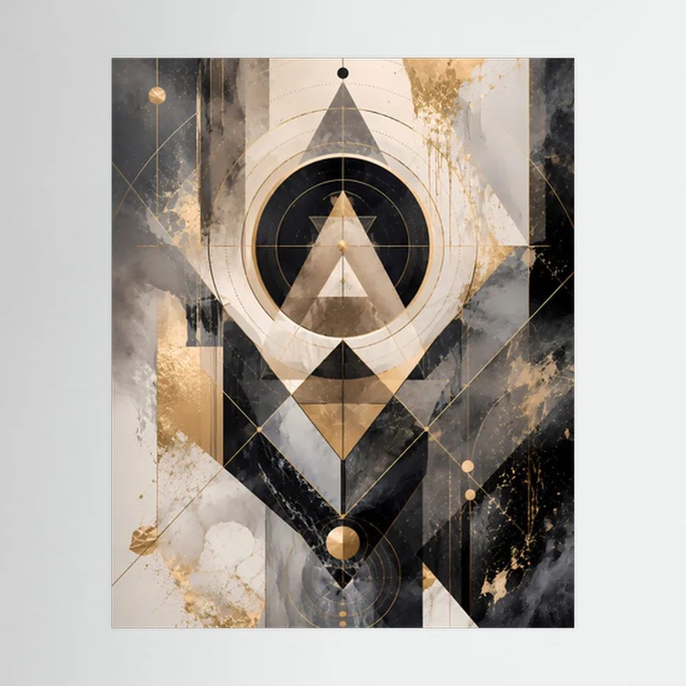 Kunstposter im Hochformat mit abstrakten geometrischen Formen in Schwarz, Gold und Beige