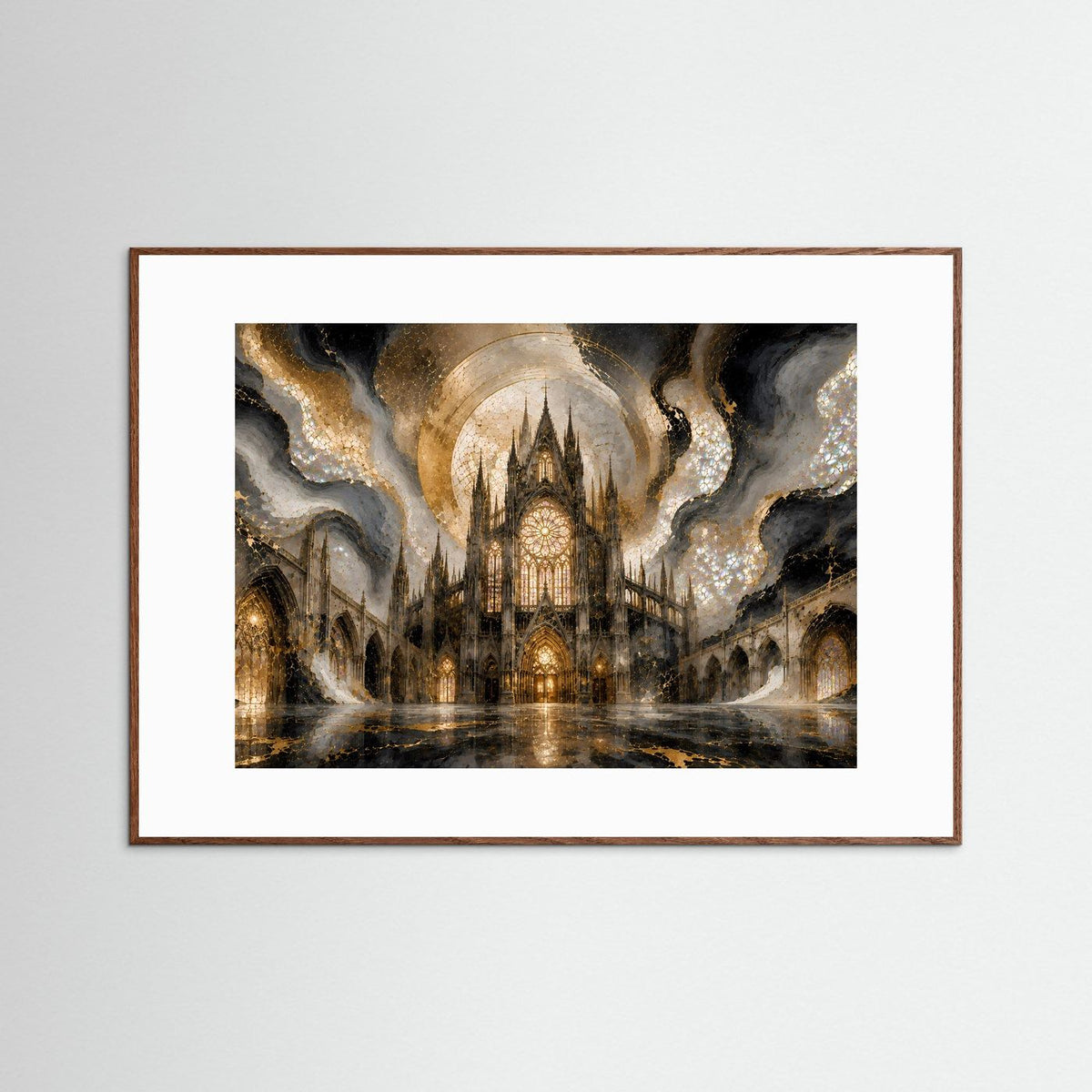 Gerahmter Kunstdruck mit gotischer Kathedrale in Gold- und Perlmuttfarben, brauner Rahmen