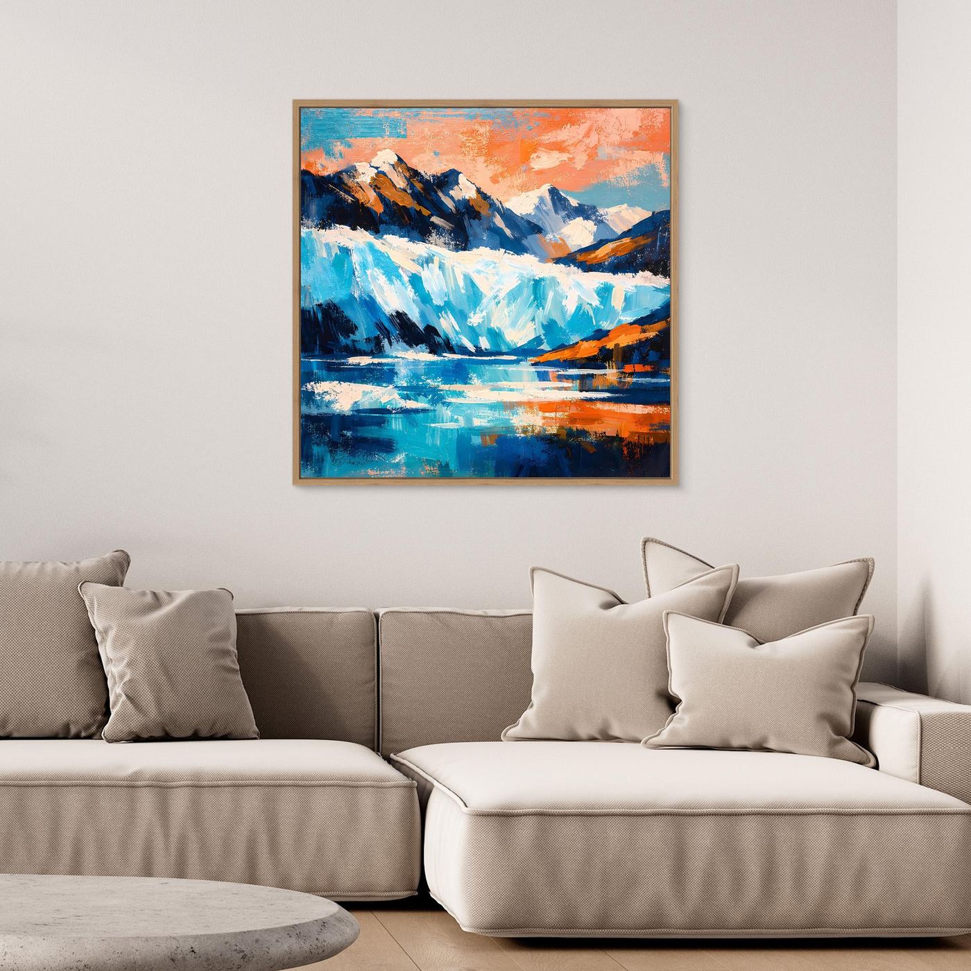 Gerahmtes Leinwand-Wandbild mit Gletscher- und Bergmotiv, türkisblauem Wasser und orange Himmel.
