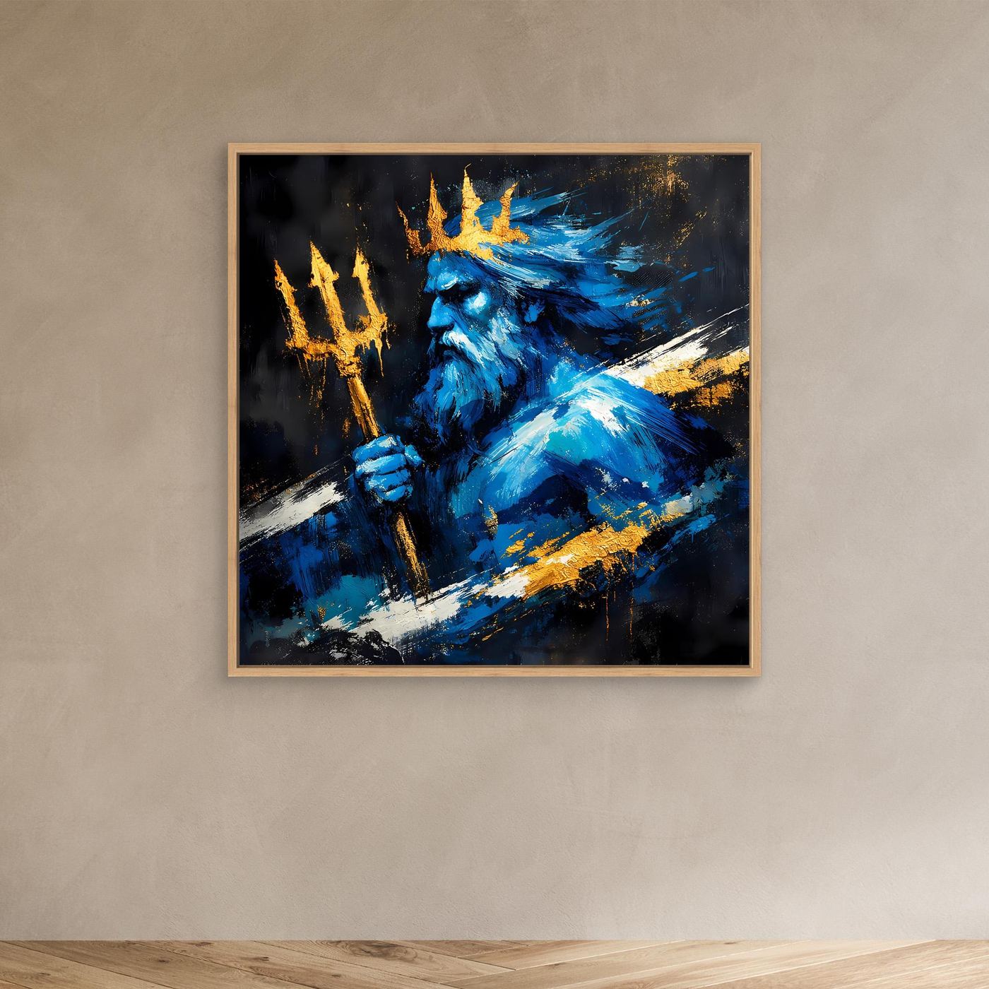 Leinwand Poseidon Gott des Meeres | Abstraktes Mythologie Wandbild Blau Gold