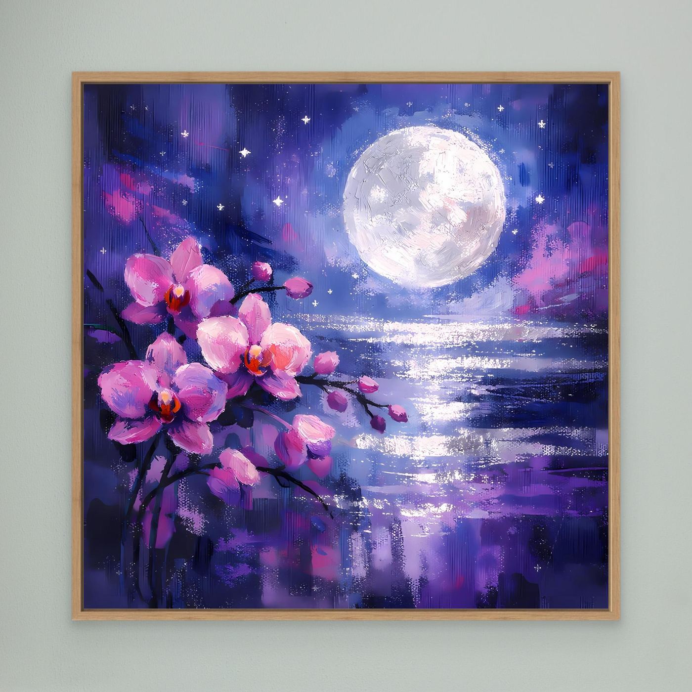 Wandbild auf Leinwand: rosa Orchideenast, weißer Vollmond über Wasser; Holzrahmen