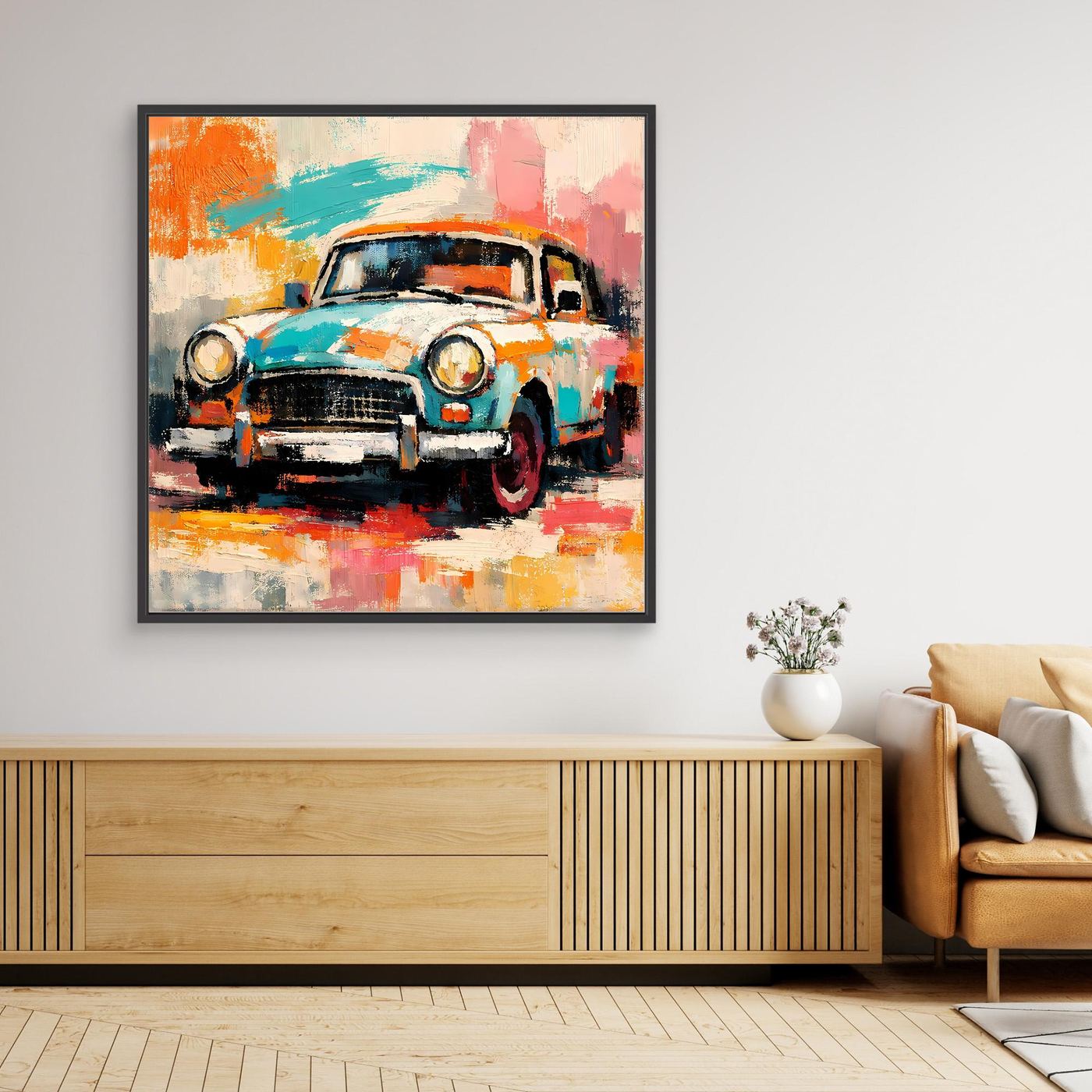Framed vintage car canvas wall art with colorful abstract paint strokes, black frame