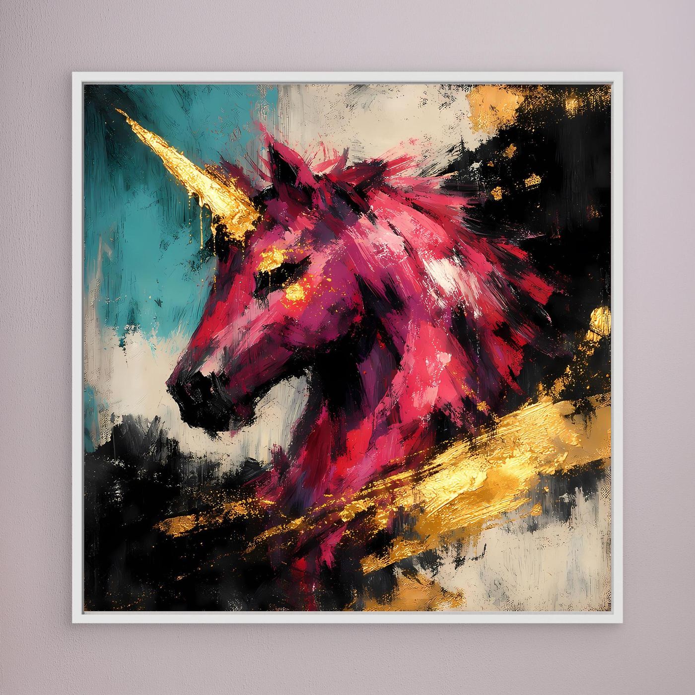 Leinwandbild mit pinkem Einhorn und goldenen Akzenten, schwarz-weißem Hintergrund, im weißen Rahmen