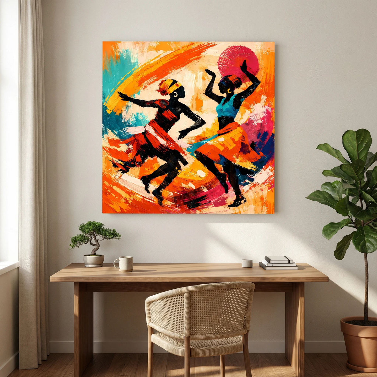 Wandbild mit zwei tanzenden Figuren, bunten Spritzern in Orange und Blau sowie rotem Kreis.