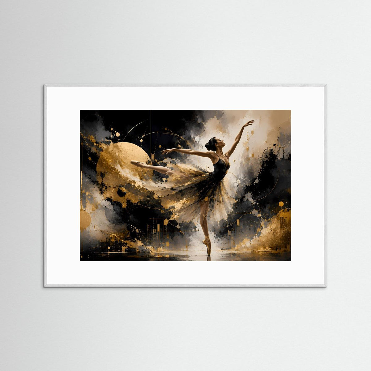 Ballett-Wandbild im grauen Rahmen mit abstrakter Tänzerin in Schwarz und Gold, Querformat