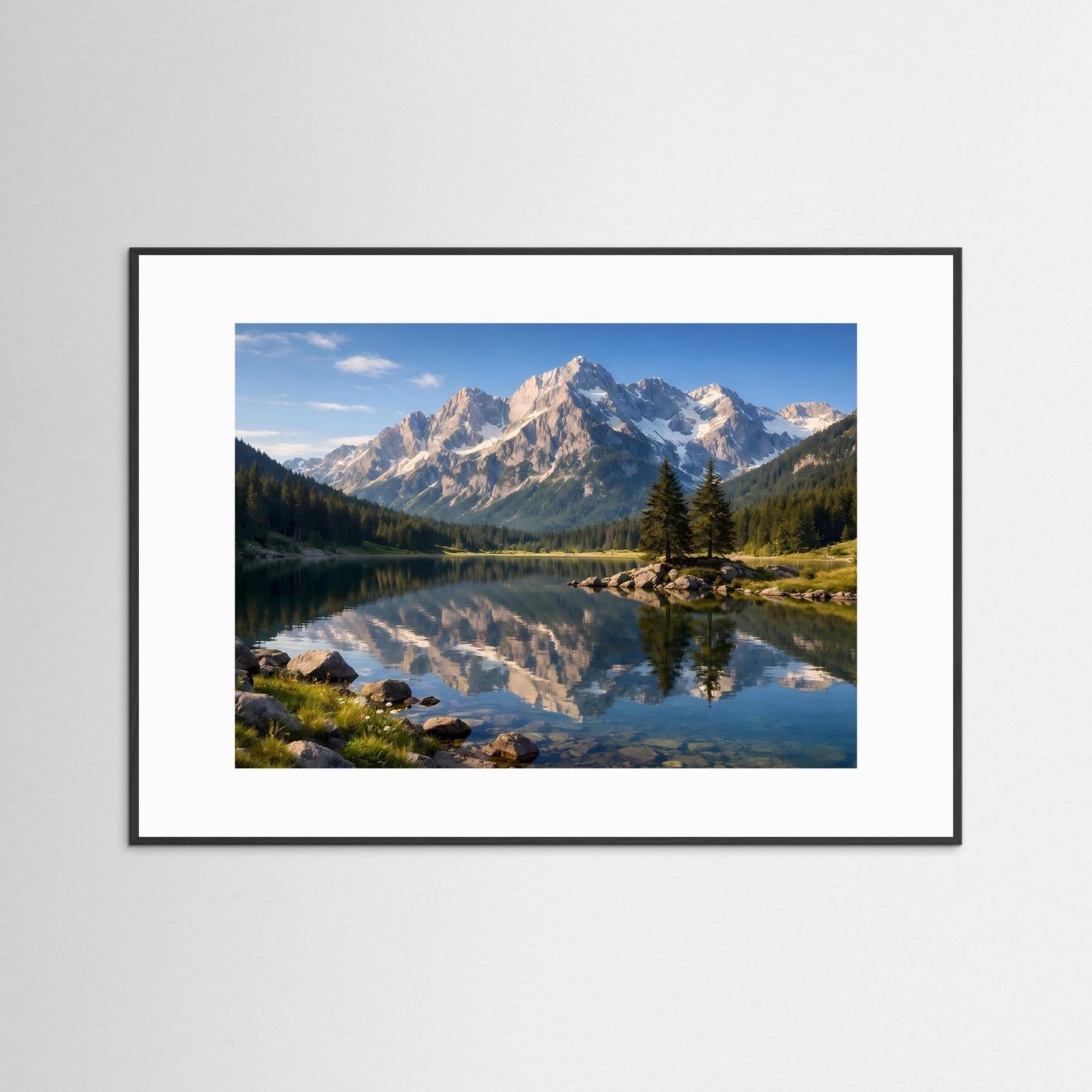 Gerahmtes Naturposter im Querformat mit schwarzem Rahmen: Bergsee, spiegelnde Fläche