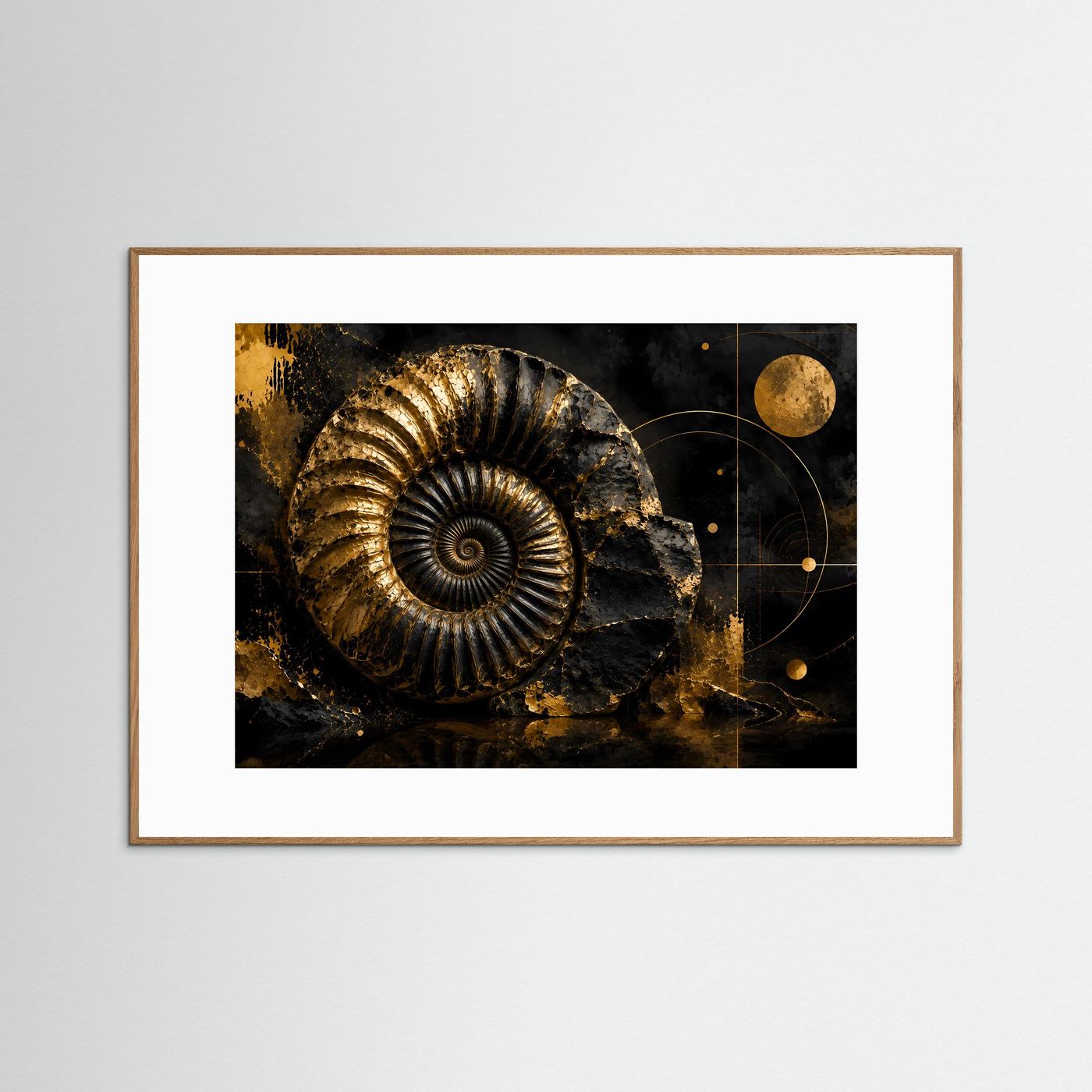 Querformat-Poster mit goldenem Ammonit auf dunklem Hintergrund, hellbraune Holzumrandung