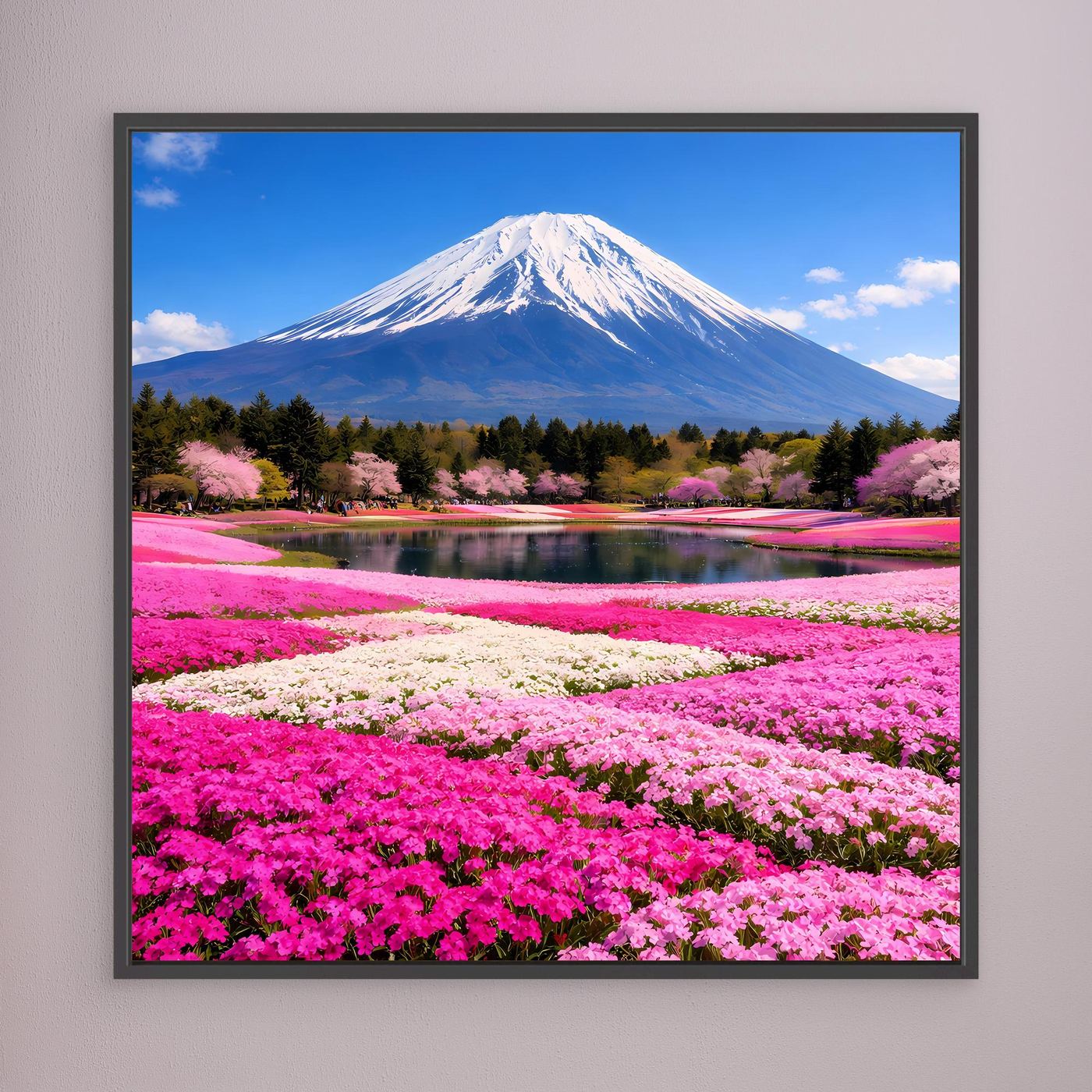 Leinwandbild mit Berg Fuji und pinken Kirschblüten am See, dunkler Rahmen