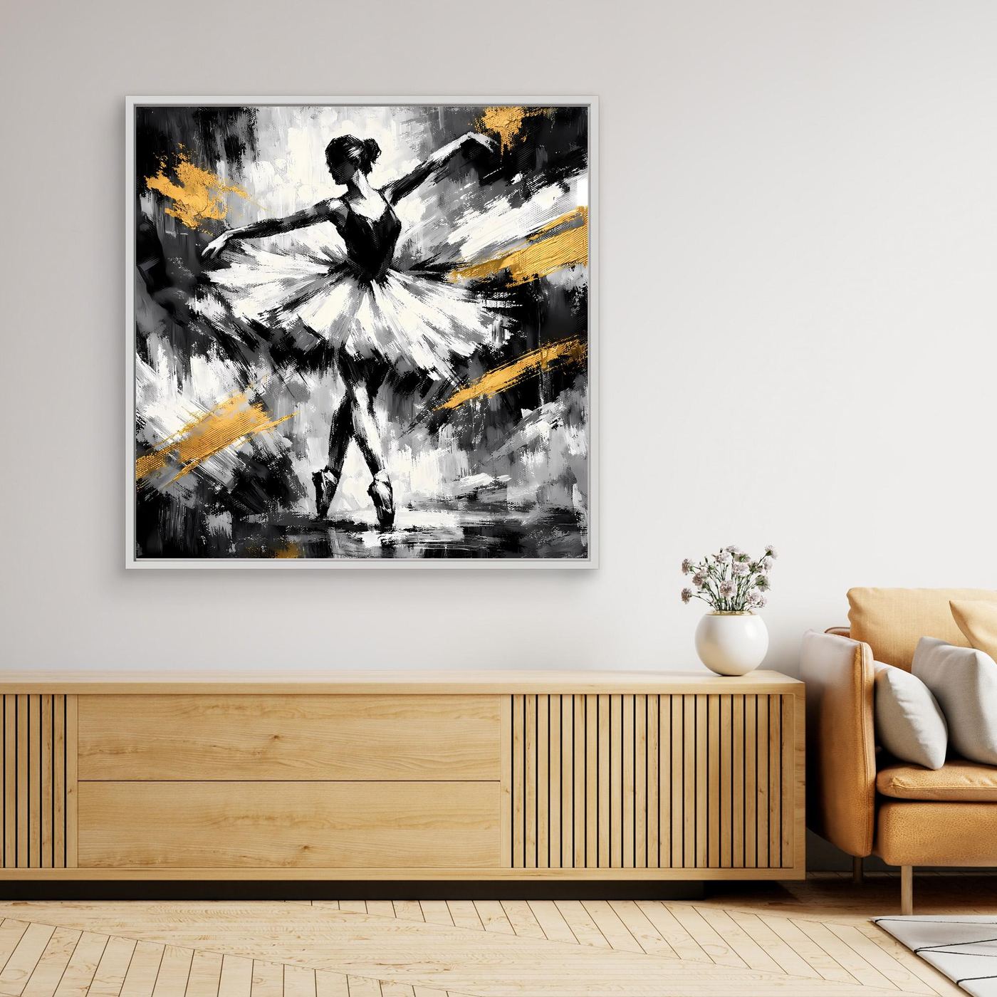 Leinwandbild Ballerina: abstrakte schwarz-weiße Silhouette mit goldenen Pinselstrichen, schwarzer Rahmen