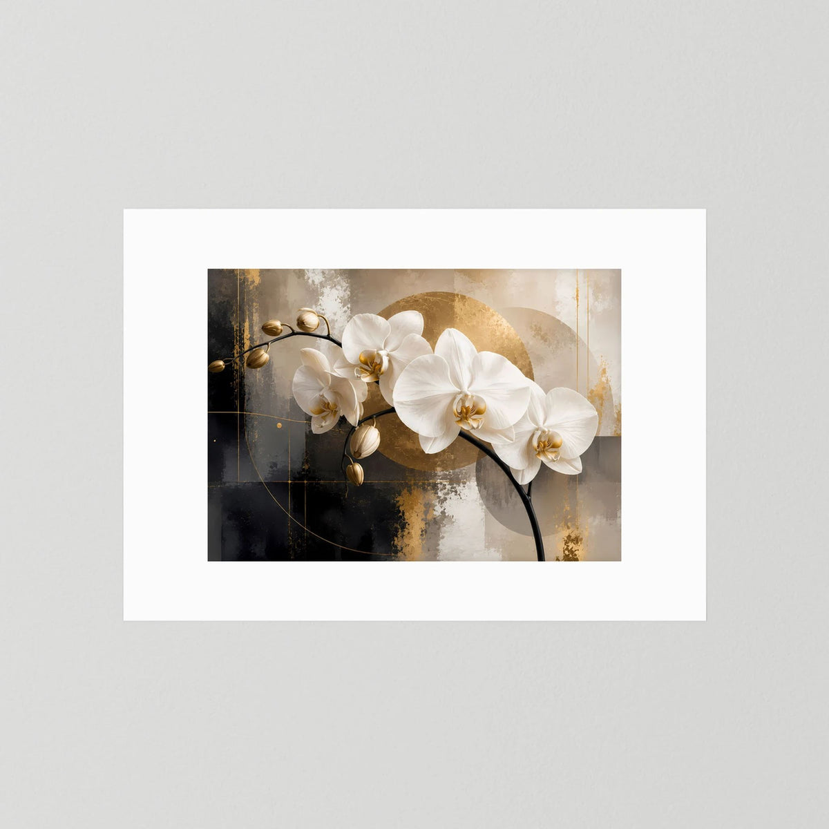 Abstraktes Orchideen-Poster im Querformat mit weißen Blüten, ohne Rahmen, auf weißem Passepartout