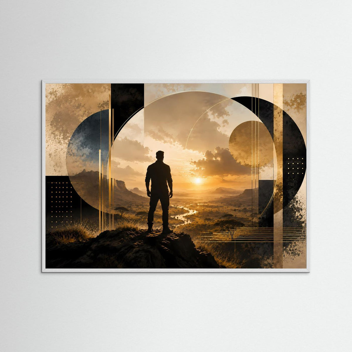 Poster im Querformat mit Holzrahmen, Silhouette eines Mannes mit kreisförmigen Fenstern