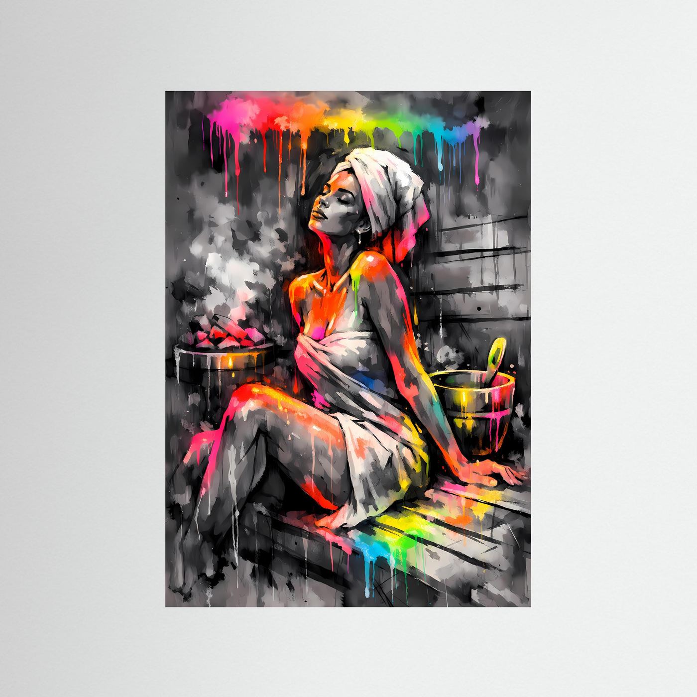 Oase der Entspannung | Modernes Sauna-Poster mit Regenbogen-Farbspritzern | Abstraktes Kunstposter Hochformat