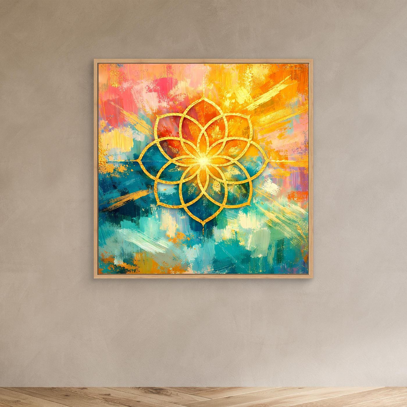 Quadratisches Leinwandbild mit Eichenrahmen: goldenes Blume-des-Lebens-Mandala auf buntem Grund