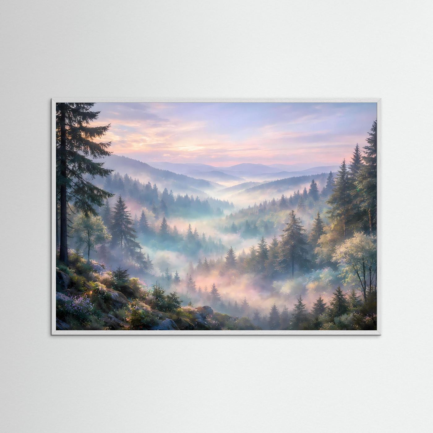 Wandposter mit Berglandschaft im Nebeltal, mit grauem Rahmen