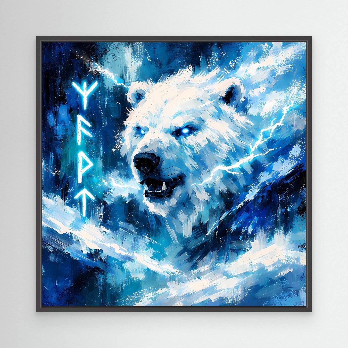 Leinwand-Wandbild mit Eisbär, blauen Runen und Nordlicht; schwarzer Rahmen