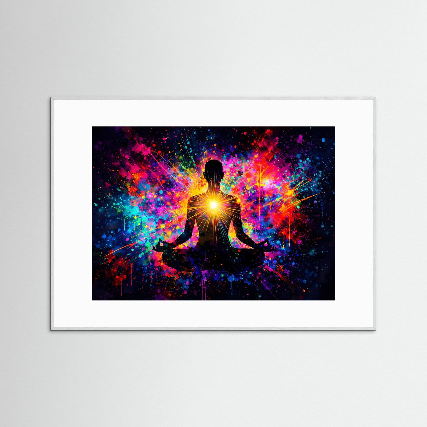 Meditationsposter mit Herz-Chakra über dem Lotussitz, weiß gerahmt mit weißem Passepartout