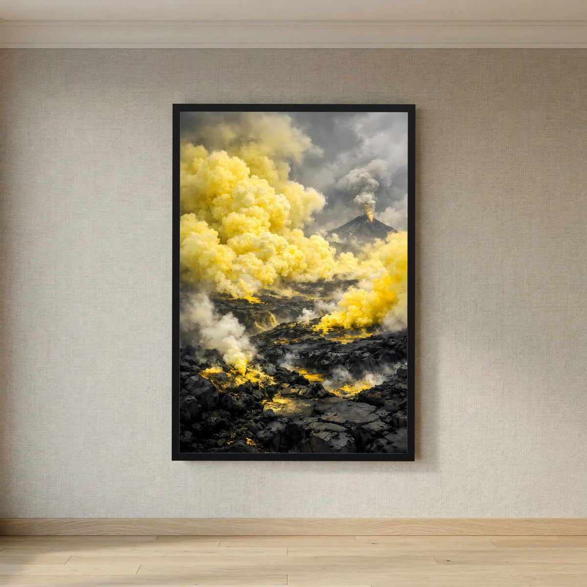 Die Kraft der Natur | Abstraktes Vulkan Poster in Gelb & Schwarz | Modernes Landschaftskunstposter Hochformat
