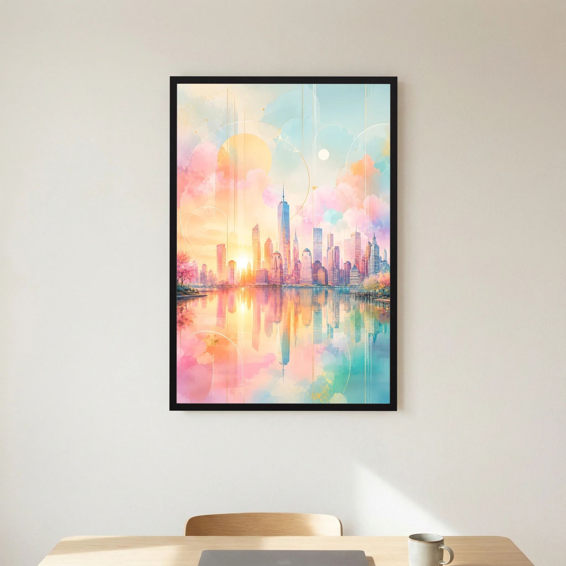 Hochformatiges Kunstposter, abstrakte Skyline in Pastellrosa und Türkis, schwarzer Rahmen