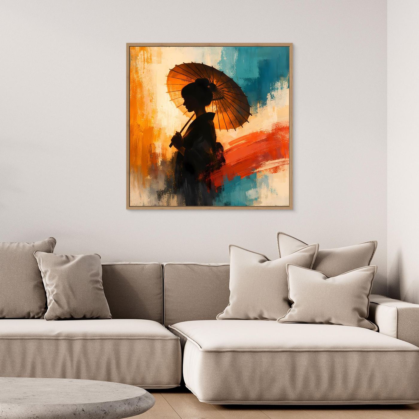 Leinwand Elegante Frau mit Sonnenschirm | Ästhetisches Japanisches Wandbild auf Keilrahmen