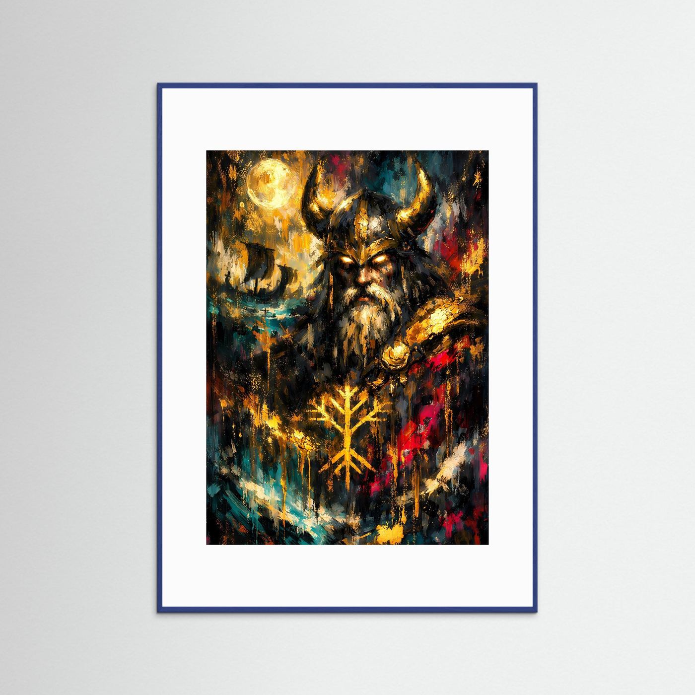 Wikinger-Poster mit Runensymbol und bärtigem Krieger, blaue Holzrahmung im Hochformat