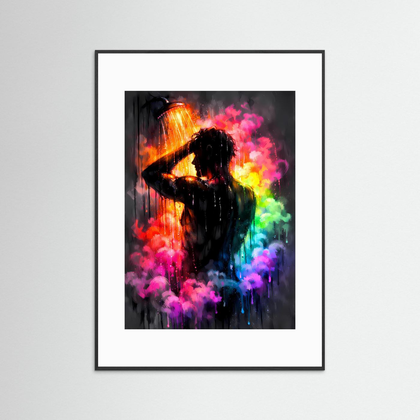 Farbrausch der Sinne | Modernes Dusch-Poster in Regenbogenfarben & Dunkelgrau | Abstraktes Kunstposter Hochformat
