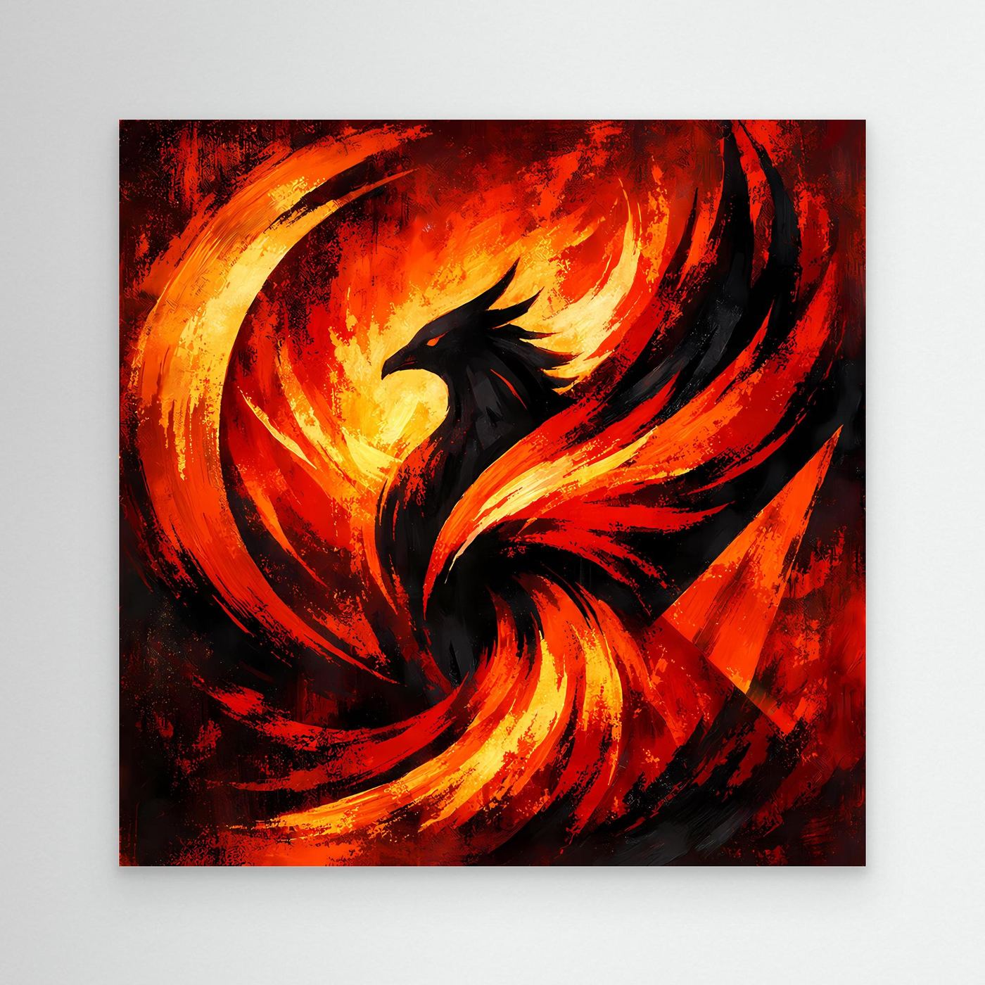 Abstraktes Leinwandbild mit Phönix-Motiv in Schwarz, Rot und Gelb ohne Rahmen