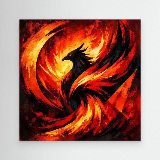 Abstraktes Leinwandbild mit Phönix-Motiv in Schwarz, Rot und Gelb ohne Rahmen