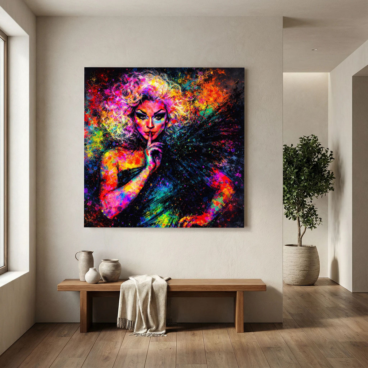 Keilrahmen-Leinwandbild mit Pop-Art-Drag-Queen-Porträt auf Keilrahmen, farbige Sprenkel und Strahlen