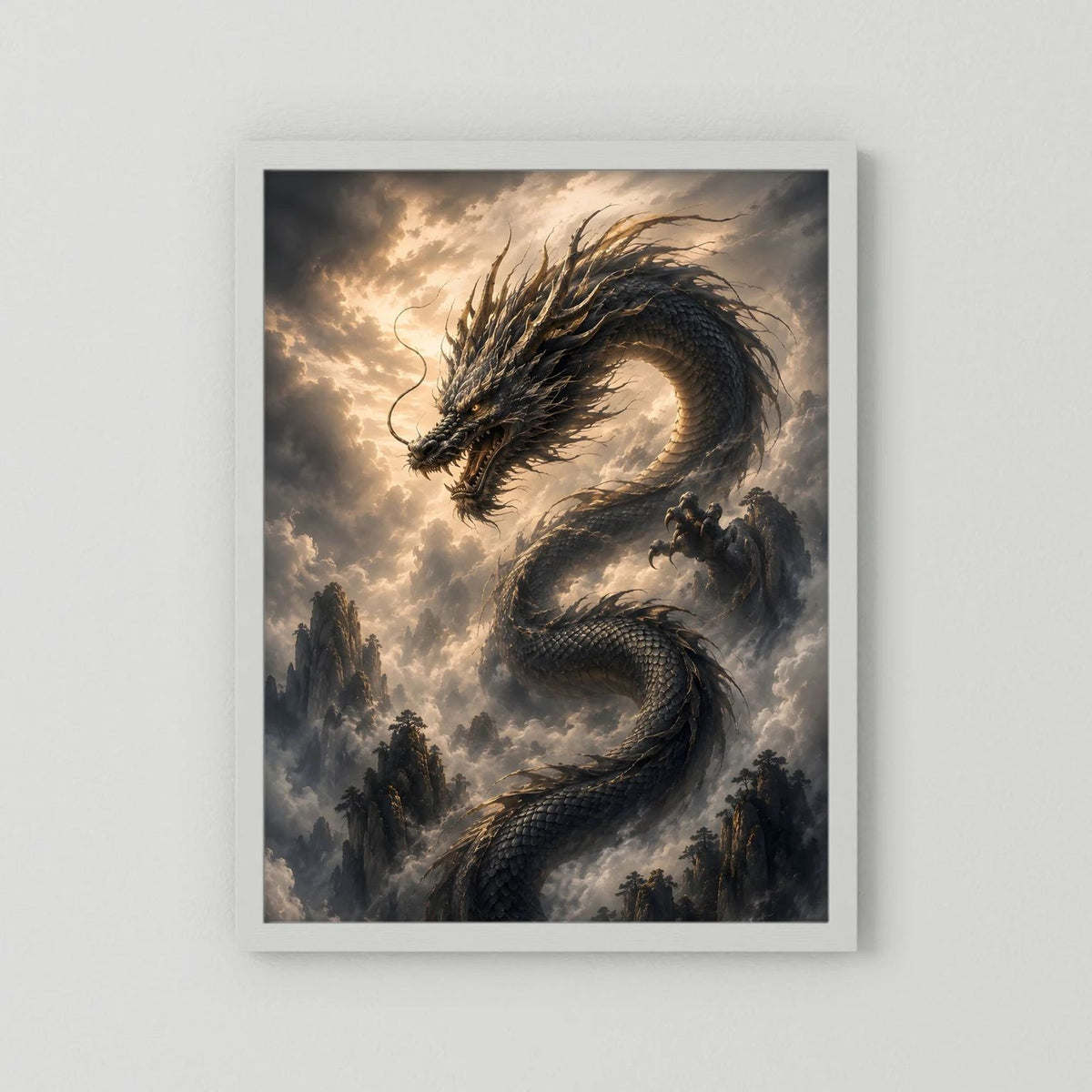 Drachenposter mit schwarzem Drachen und Wolkenbergen im Hochformat, weißer Rahmen