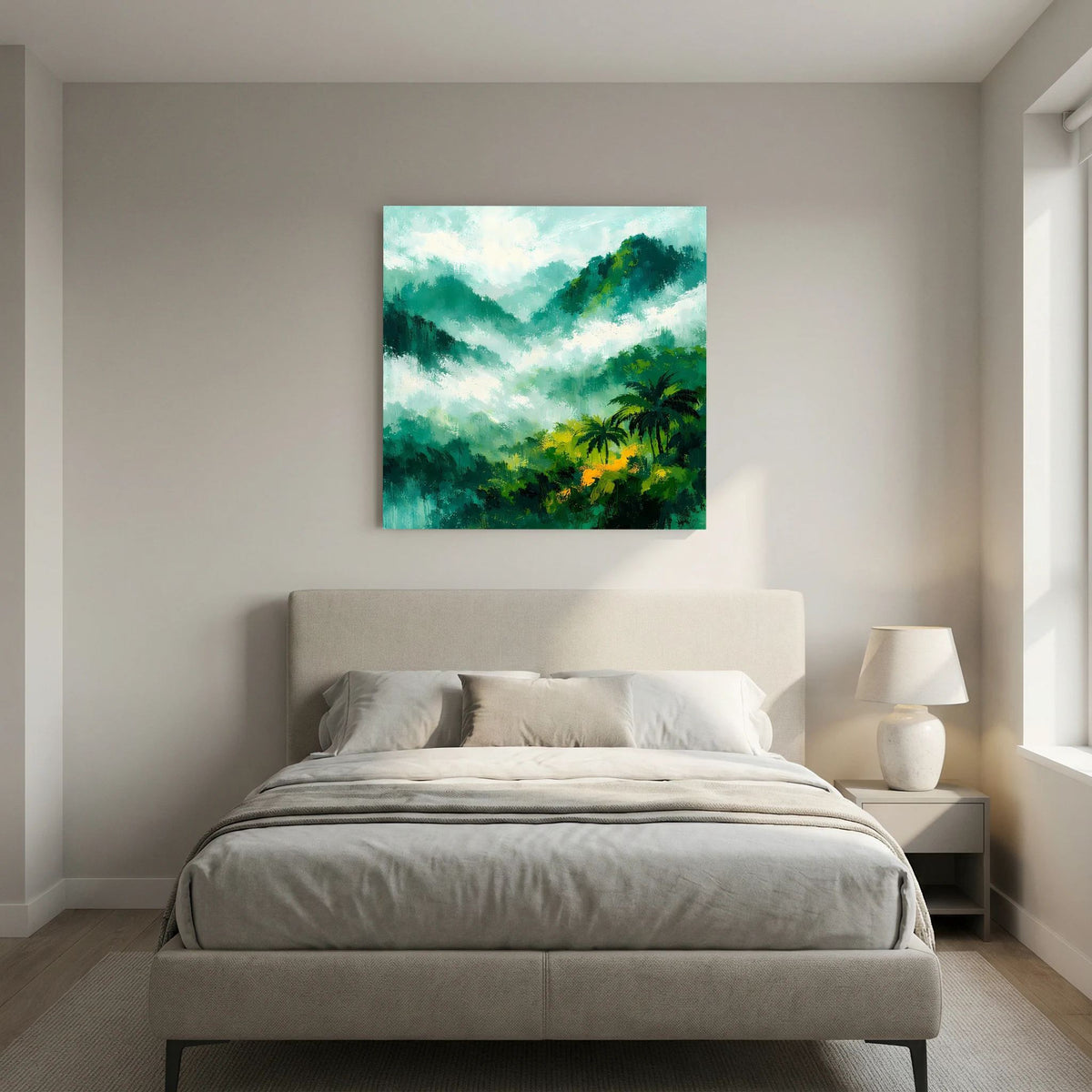 Leinwand-Wandbild mit abstraktem Regenwaldmotiv, Palmen und weißem Nebel über grünen Hügeln