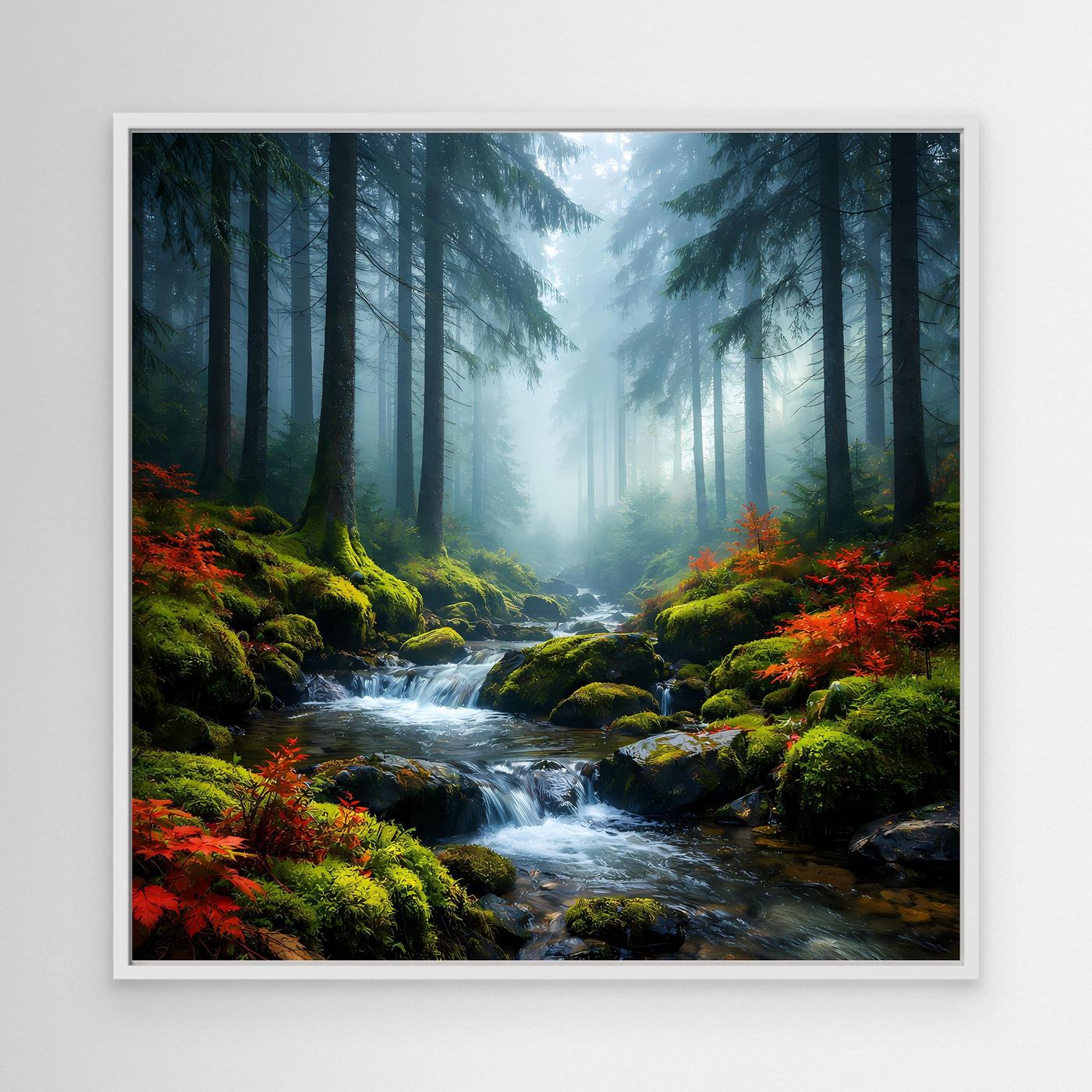 Wandbild im weißen Rahmen: nebliger Wald mit Bachlauf und grünen Moospolstern