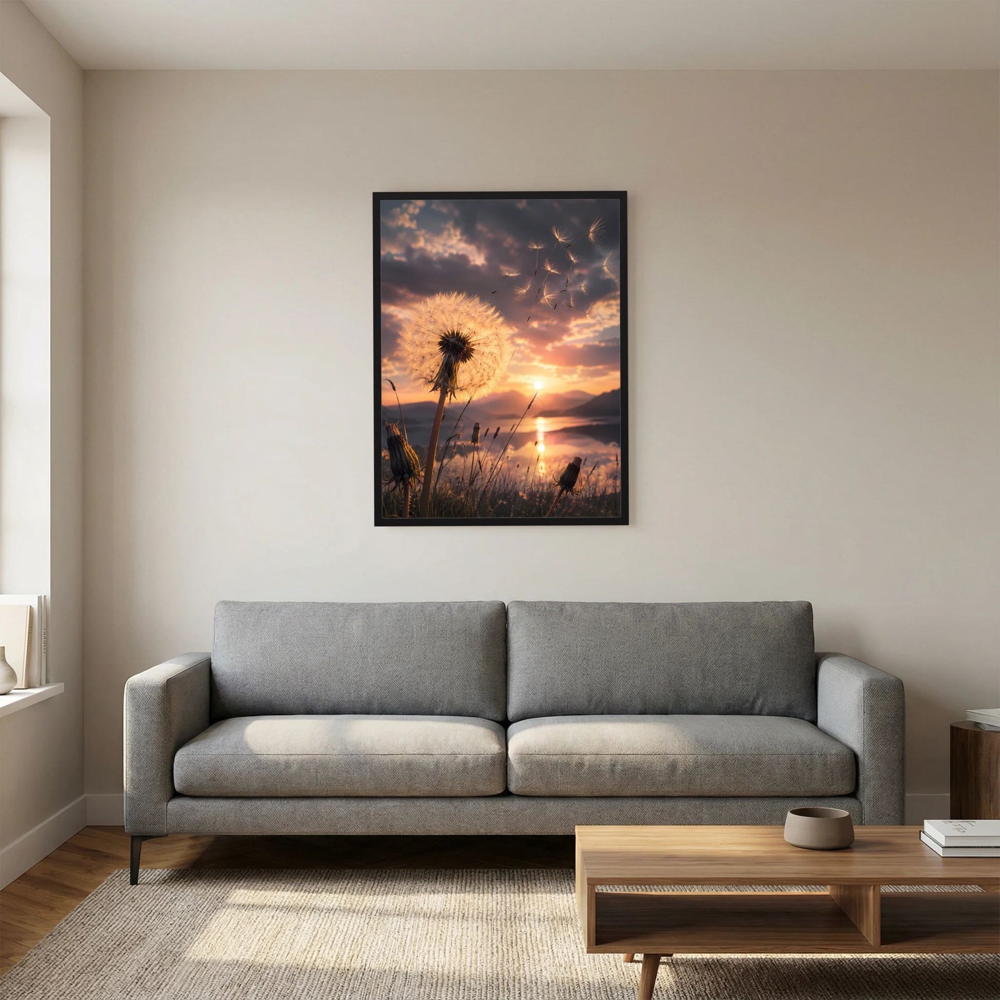 Hochformat-Poster mit Pusteblume bei Sonnenuntergang, schwarzer Rahmen mittig über dem Sofa