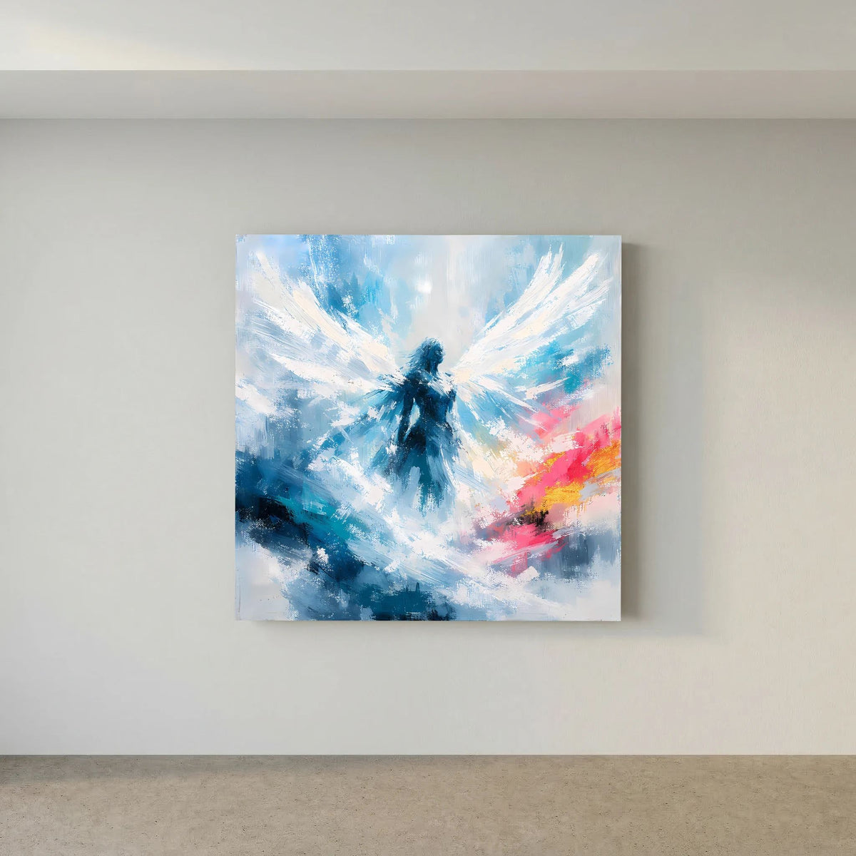 Quadratisches Leinwand-Wandbild mit abstraktem Engelmotiv in Blau, Weiß und dezenten Rosa-Flächen.