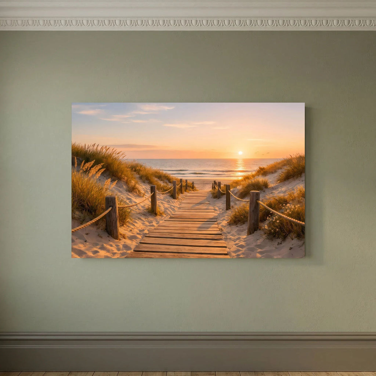 Wandbild mit Dünenweg am Strand bei Sonnenuntergang, mit breitem Rand