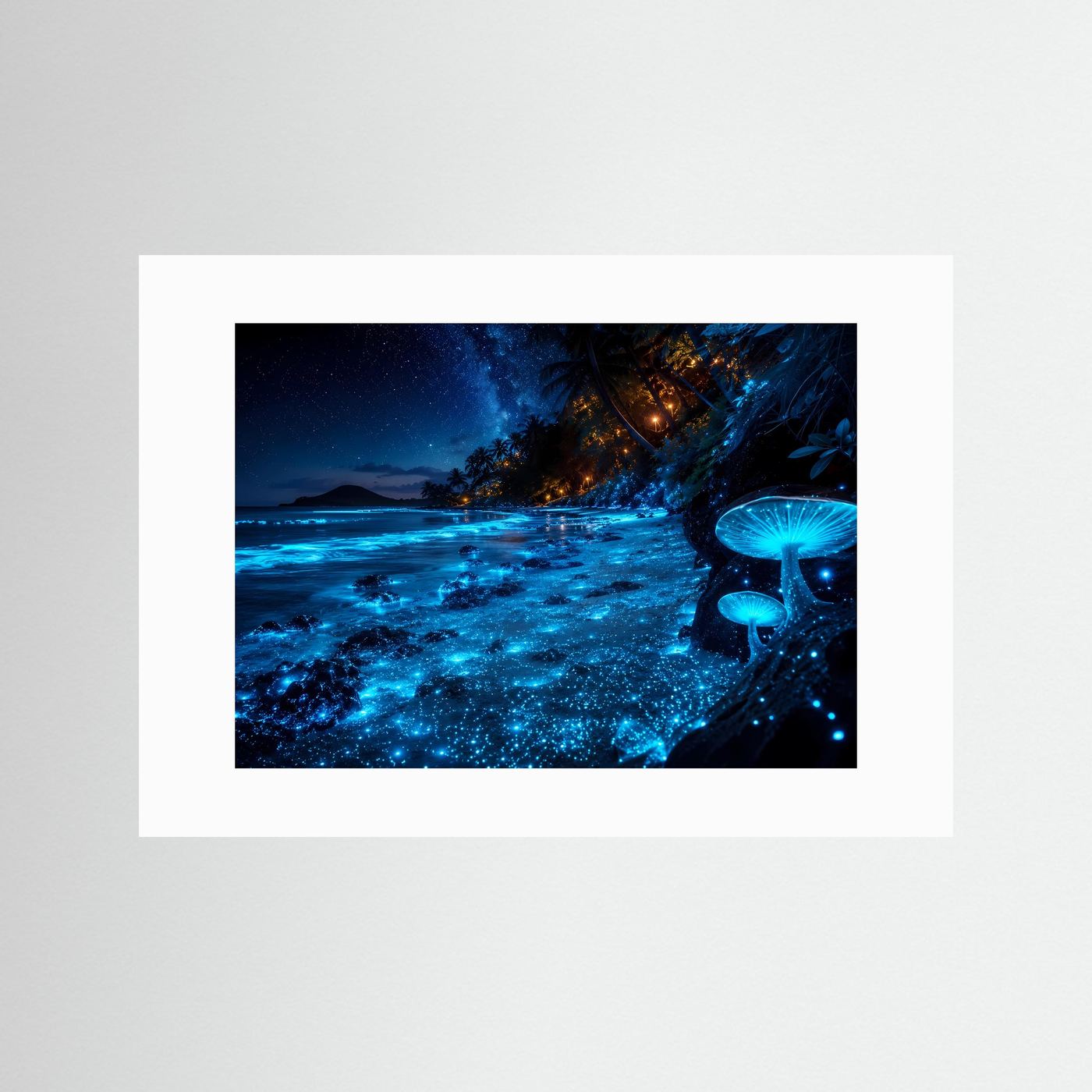 Leuchtender Nachtstrand Poster | Biolumineszenter Strand mit Sternenhimmel | Tropische Küste Wandbild | Magische Meereslandschaft | Moderne Wall Art