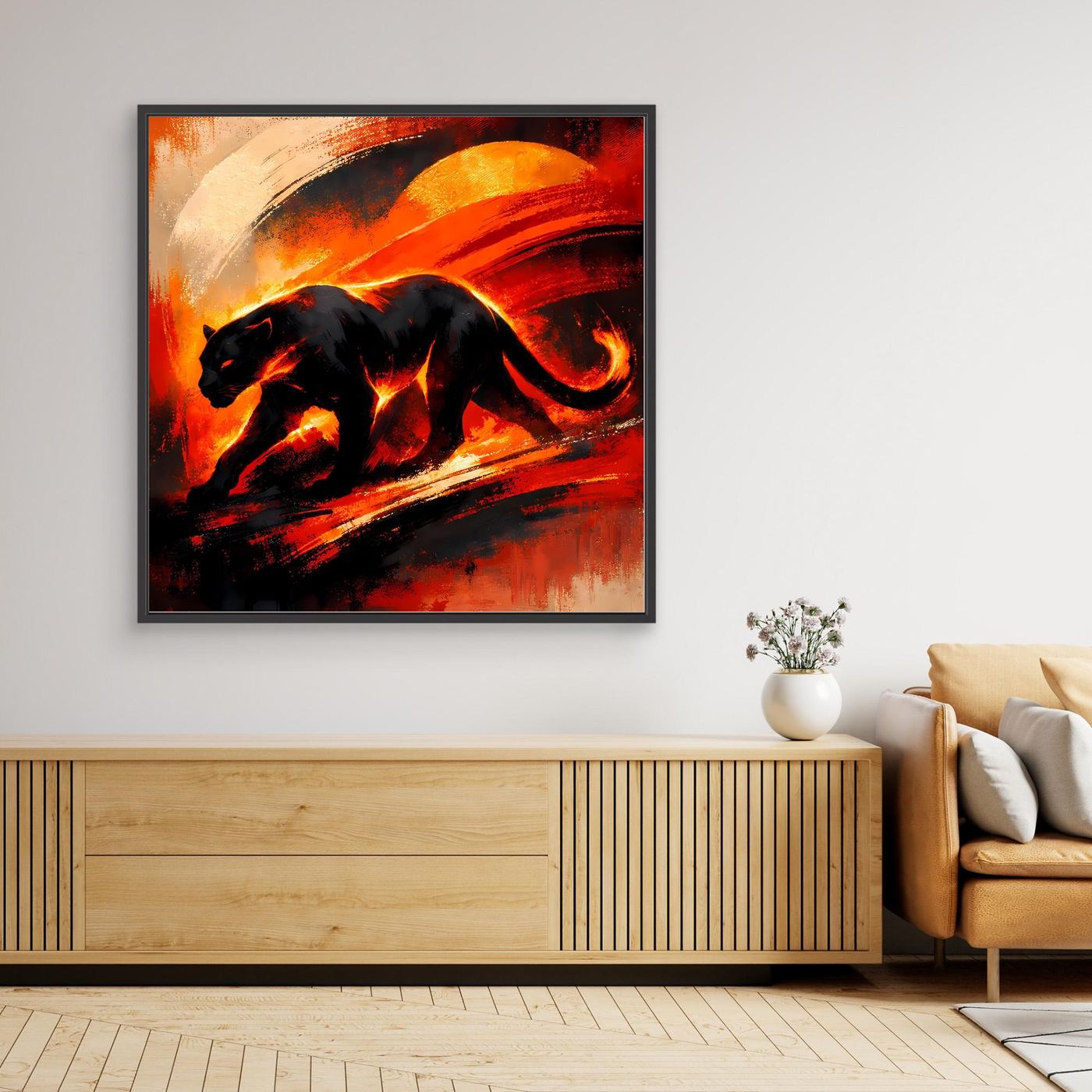 Gerahmtes Leinwandbild: Panther-Silhouette in Feuerrot/Orange, schwarzer Rahmen