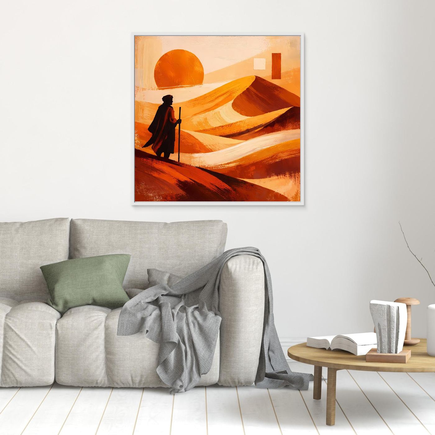 Leinwandbild mit orangefarbener Abstrakt-Wüste, Sonne und Wanderfigur, brauner Rahmen