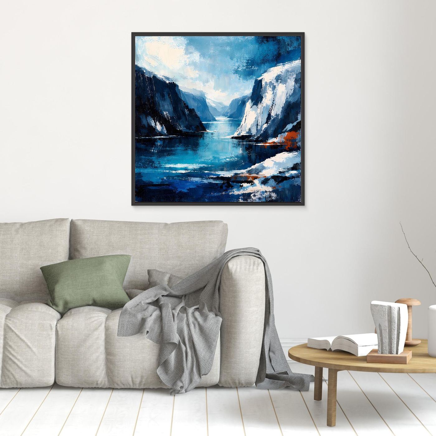 Leinwand-Wandbild mit abstrakter Felsküste und blauem Meer, schwarz gerahmt