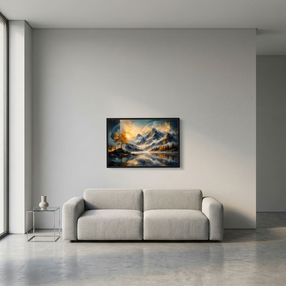 Wandposter im Querformat mit Bergsee, Herbstbaum und Sonnenaufgang, schwarzer Rahmen