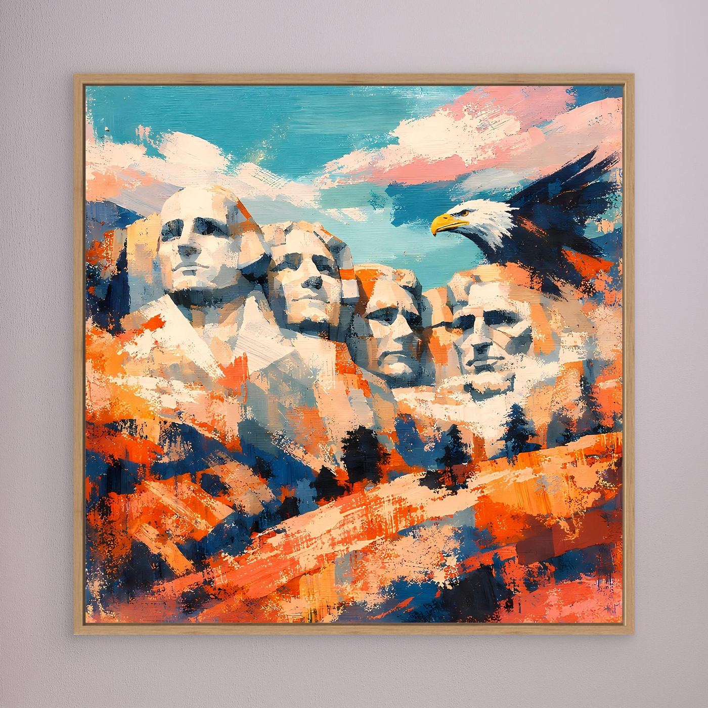 Abstraktes Leinwand-Wandbild mit Mount-Rushmore-Gesichtern und Adler, eichenfarben gerahmt