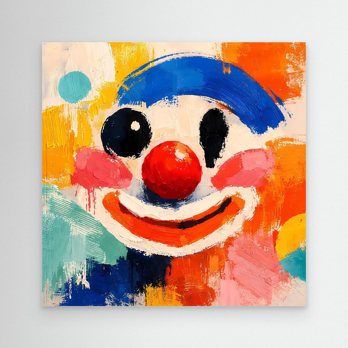 Leinwand-Wandbild mit abstraktem Clown-Gesicht, blauem Hut und roter Nase, bunte Farbflächen